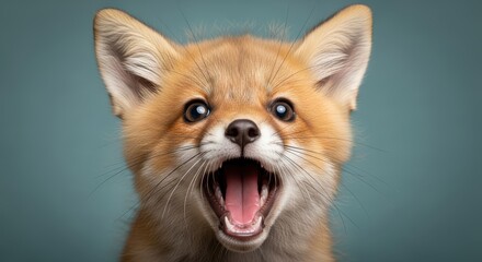 Fototapeta premium Close-up Portrait of a Cute Red Fox Cub with Mouth Wide Open Expressing Surprise or Excitement