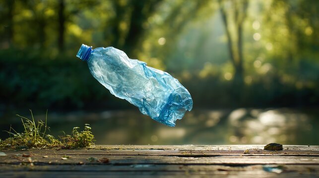 Close-up of a smashed plastic water bottle on a wooden surface with beautiful sun rays filtering through trees. Conceptual meaning of recycling necessity and eco awareness.