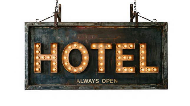 Vintage hotel sign with illuminated always open letters hanging outdoors isolated on transparent background