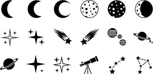 Space and Astronomy Silhouette Icon Set with Moon Phases Stars Planets Constellations Telescope and Comet Symbols for UI Design and InfographicsSpace and Astronomy Silhouette Icon Set with Moon Phases © BijoyChandra