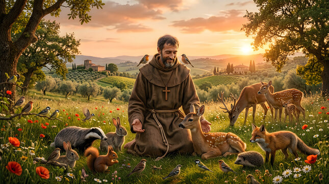 Saint Francis of Assisi kneeling in a peaceful meadow with wild animals at sunset