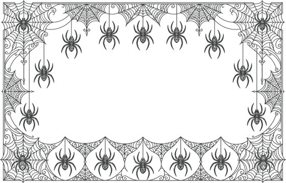 Black and white spider web border with spiders
