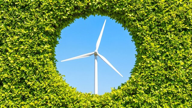 Wind turbine seen through circular hole in green hedge with blue sky showing creative renewable energy concept and eco friendly clean power framed by natural leaves