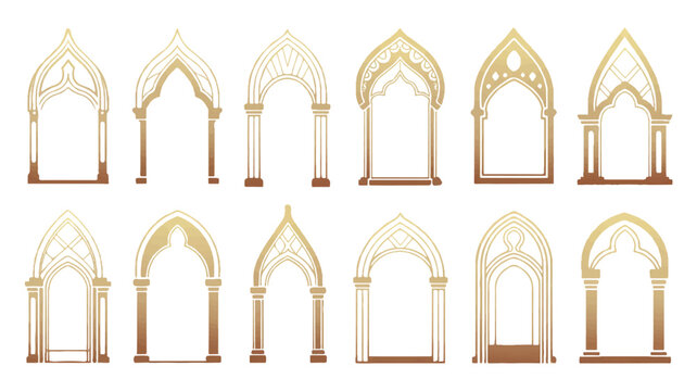 Set of various golden Gothic arches and windows with different designs and columns