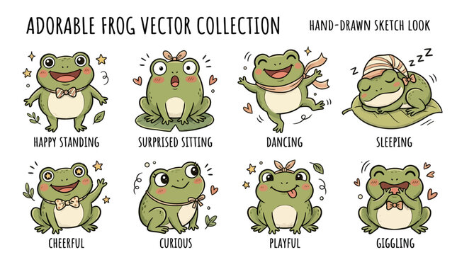 Adorable frog vector collection, hand-drawn sketch look with 8 cute frog characters, green toad mascot set for stickers and children design