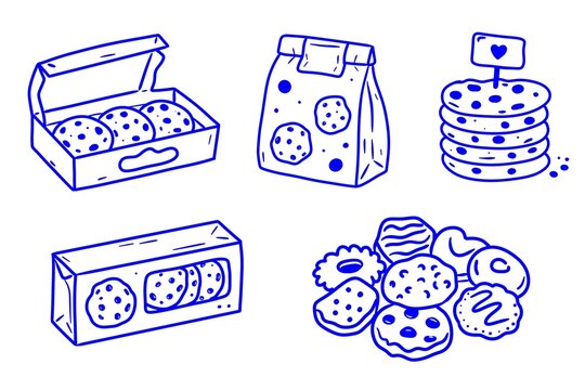 Cookie boxes and snack packaging icons set, sweets collection