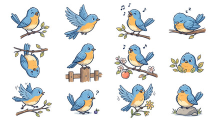 Cute blue bird character set, 12 hand drawn cartoon bird illustrations, bluebird mascot collection in various poses for stickers and children books