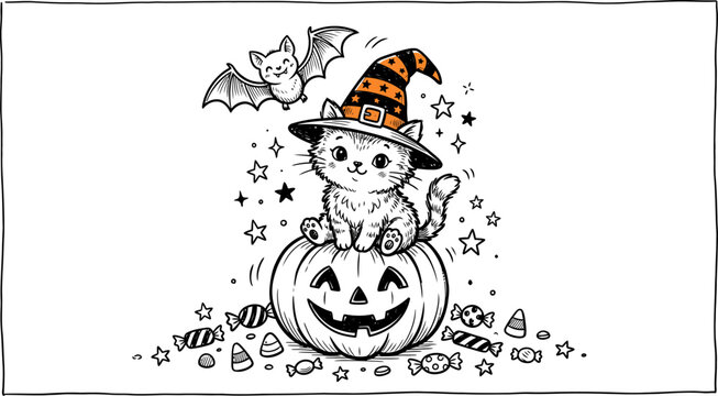 Halloween kitten in a witch hat on a jackolantern with candy and a bat