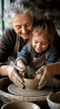 Multigenerational pottery lesson with clay hands