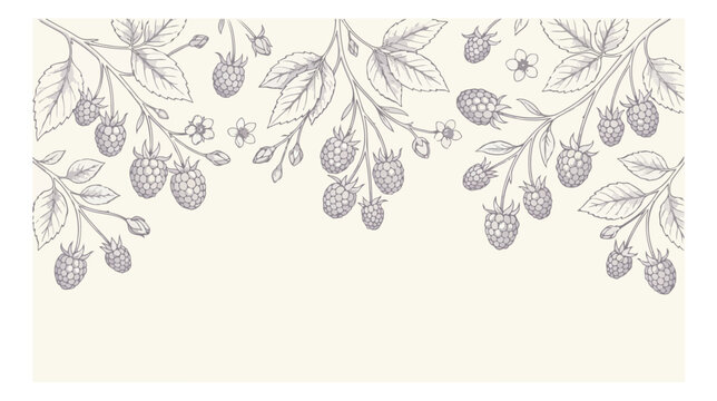 Vintage raspberry botanical border vector, hand drawn berry branch illustration, elegant floral frame for organic food packaging and wedding stationery