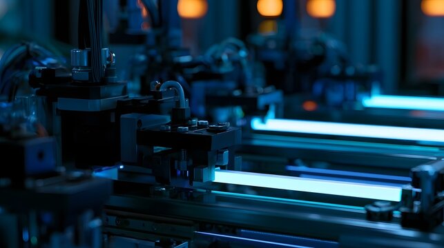 A close up view of sleek automated hinery illuminated by vibrant blue neon light emphasizing futuristic technology and system design