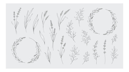 Minimalist botanical line art collection, hand drawn floral sketches and lavender wreaths, elegant wildflower vector elements for wedding invitations © I'm_coming