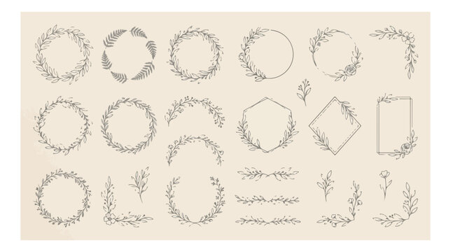 Hand drawn botanical wreath collection, elegant floral border set in vector format, minimalist organic leaf frames for wedding invitations