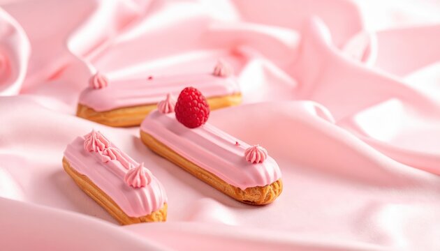 Delicate pink raspberry eclairs elegantly decorated, a sweet pastry art masterpiece on soft fabric