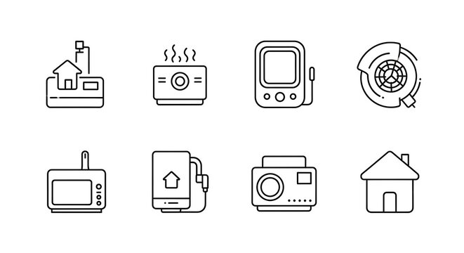 Simple line icons of various electronic devices and household items in black on white background