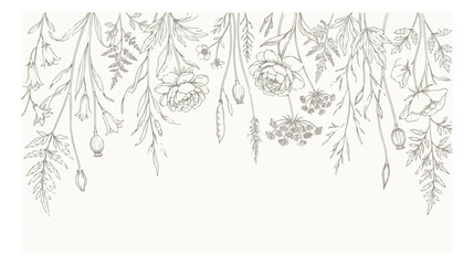 Elegant botanical line art vector illustration, delicate hand-drawn floral border, vintage wildflower and fern garland, sophisticated nature-inspired design element for wedding invitations and © I'm_coming
