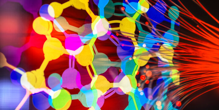 Futuristic molecular structure and fiber optic for AI research