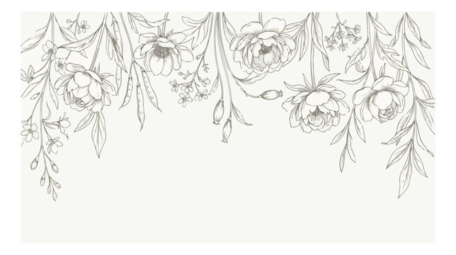 Elegant floral border vector with delicate hand-drawn peonies and botanical elements, a sophisticated design for wedding invitations, branding, and decorative accents.