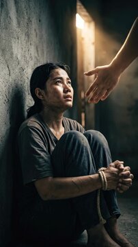 Woman, a trafficking victim, with dirty face and hand binding, huddled against a concrete wall, offered rescue on World Day Against Trafficking in Persons.