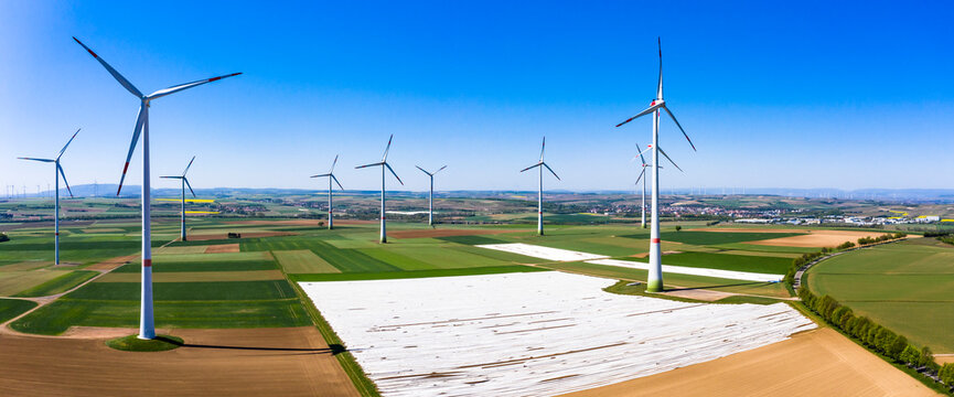 Germany, Rhineland-Palatinate, Gabsheim, Helicopter view of countryside wind farm in summer