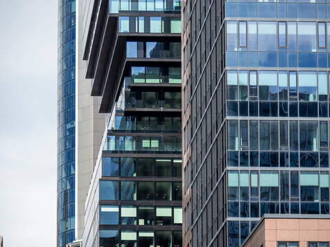 Modern glass facade of Omniturm skyscraper in Frankfurt