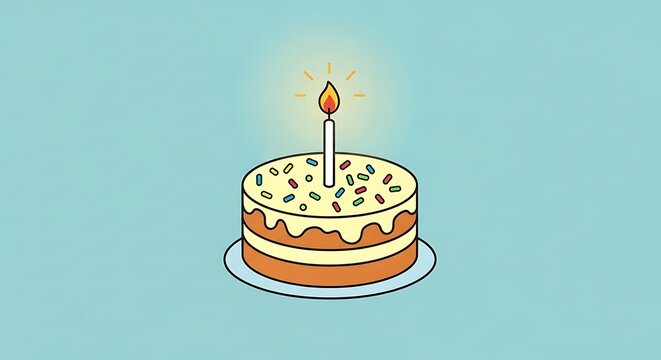 Birthday celebration cake with lit candle on light blue background flat illustration