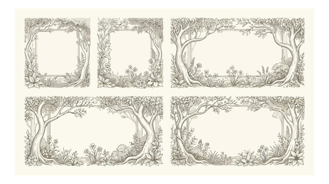 Vintage forest frames vector set, hand-drawn woodland borders, rustic tree and floral decorative elements, natural nature-inspired design for invitations and branding
