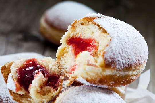 Bismarck doughnuts with red jam stuffing