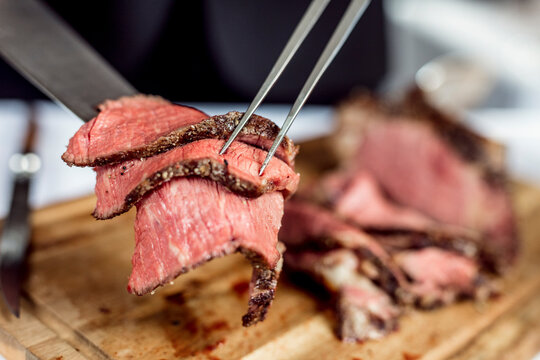 Slices of ready to eat tomahawk steak