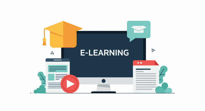 Digital graduation cap above computer displaying "E-LEARNING" with content