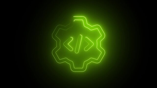 Green neon outline of a gear with code symbols inside on a black background cogwheel settings