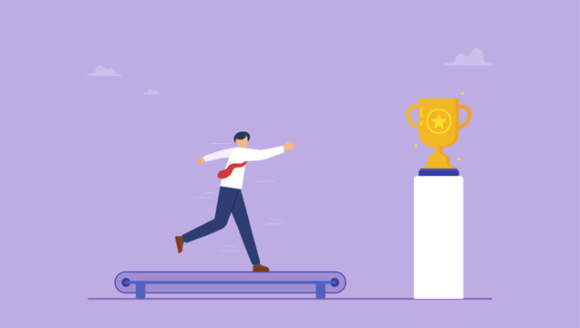 Hopeless or useless effort concept. Businessman running on the treadmill trying to achieve success trophy.