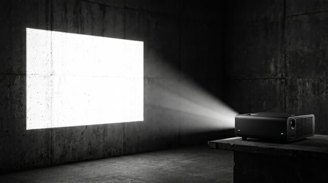 Modern digital projector casting bright light onto blank screen. Concept presentation, cinema, technology, multimedia, business, entertainment, education, projection equipment. Generative AI.
