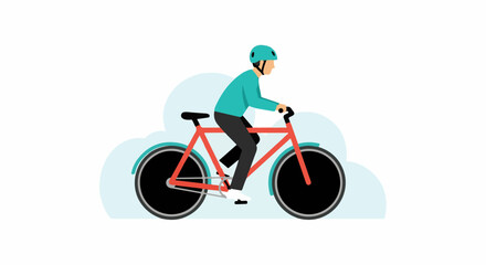 Fototapeta premium A person in a helmet rides a red bicycle with black wheels and teal accents on a white background