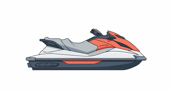 A sleek, modern jet ski with a white, gray, and red design sits on a white background