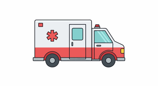 A simple, cartoon-style ambulance with a red stripe and a star of life emblem