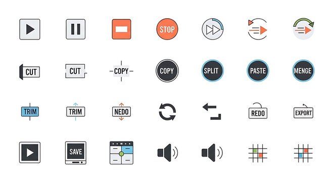 Various video editing icons and buttons for play, pause, stop, copy, paste, and other functions displayed