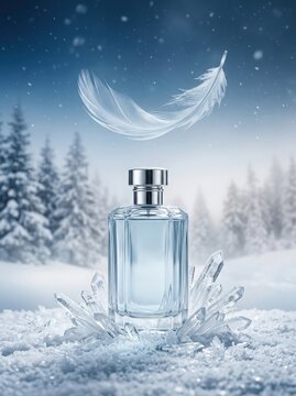 A sophisticated glass fragrance bottle resting on sparkling icy crystals in a serene and ethereal snowy winter forest landscape with a floating feather