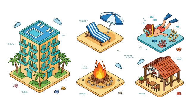 Beach Vacation Isometric Set with Resort Hotel Deck Chair Snorkeling Campfire Beach Restaurant and Travel Design
