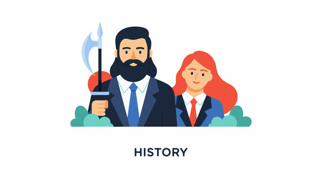 Stylized depiction of historical figures a bearded man with a halberd and a woman