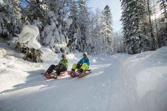 Germany, Bavaria, Inzell, couple having fun on sledges in snow-covered landscape