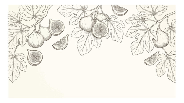 Botanical fig branches, hand-drawn vintage fig fruit illustration, detailed fig leaves and sliced figs, elegant natural food vector for packaging and labels