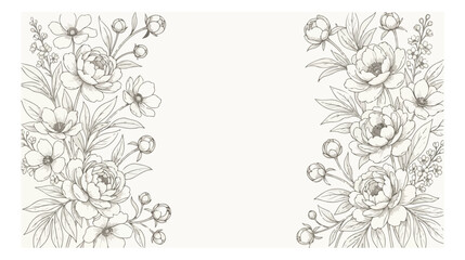 Fototapeta premium Vintage floral line art border, elegant hand drawn flower frame with peonies and leaves, botanical sketch vector for wedding invitations and cards