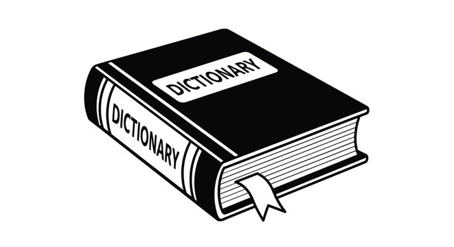 Black and white illustration of a thick dictionary book with a bookmark used for language learning, education, and word definitions.
