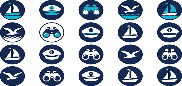 Nautical Marine Round Icon Collection with Sailboat Captain Hat Binoculars and Seagull Symbols for Ocean Cruise and Maritime Graphic Designs