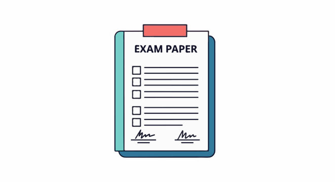 A clipboard holds an exam paper with lines for answers and checkboxes