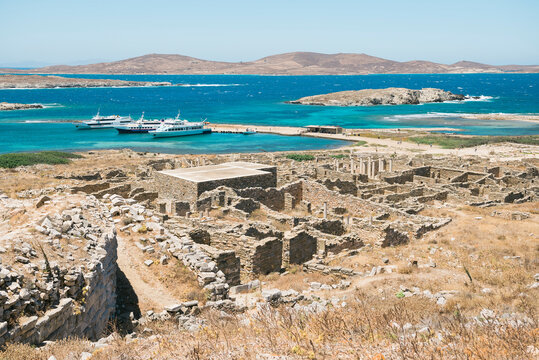 Greece, Mykonos, Delos, archaeological site and Aegean Sea
