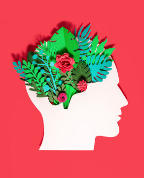 Plants and flowers with head made of paper on red background