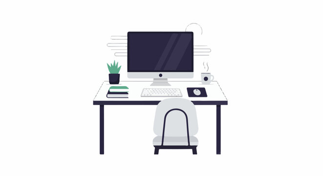 Minimalist desk setup with computer, keyboard, mouse, books, plant, and coffee