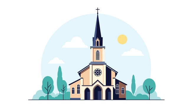 Peaceful scene of a classic church building with a tall steeple surrounded by green trees under a sunny blue sky with soft clouds.